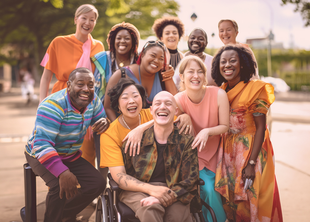diverse group of people in group photo outside